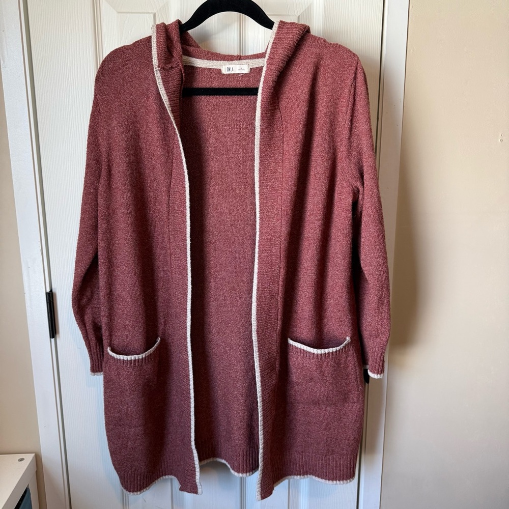 Cozy Hooded Open Front Cardigan Sweater Dusty Rose Medium